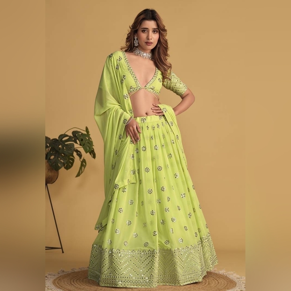Bewitching Noen Green Zari, Sequins Embroidered Georgette Fabric Lehenga Choli